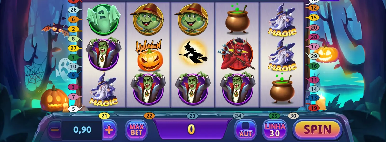 Tela do jogo Halloween mostrando cinco rolos e o botão Spin